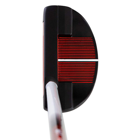 A close-up top view of the Brosnan Little Mate S7 Junior Golf Package Set putter shows a black head with red grooves on the face and a metallic shaft. Brand: Brosnan.
