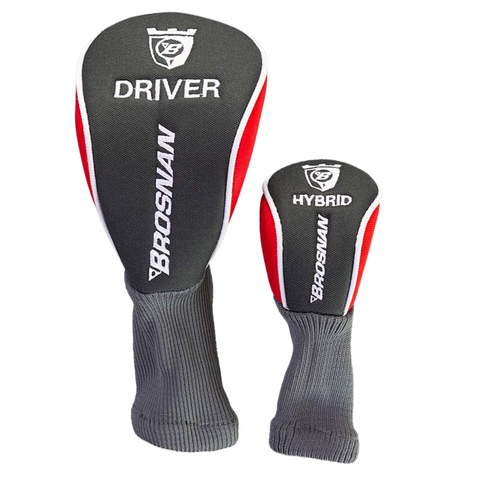 Two golf club headcovers labeled DRIVER and HYBRID feature black with red and white accents and the Brosnan name—made to complement the Brosnan Little Mate S7 Junior Golf Package Set | Red or any junior clubs.