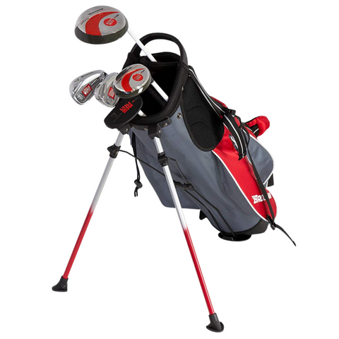 The Brosnan Little Mate S7 Junior Golf Package Set in red features a gray and red stand bag holding junior drivers and irons. The bag displays the Brosnan brand, has pockets and straps, making it an ideal kids golf set.