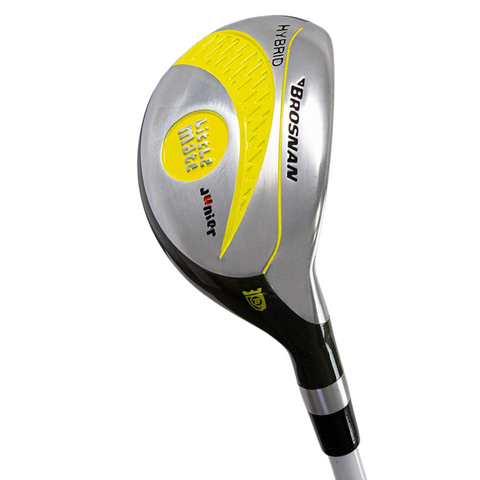 A close-up of a Brosnan Little Mate S7 Junior Golf Package Set hybrid club, showing its metallic silver head with yellow and black accents and visible Brosnan branding.