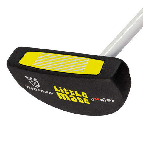 A close-up of the Brosnan Little Mate S7 Junior Golf Package Set in yellow (medium), showing the putter with a yellow and white face, black head, and white shaft from the Brosnan kids golf clubs range.