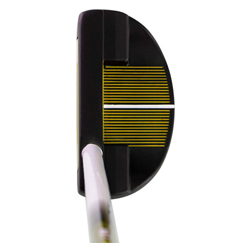 A close-up of the Brosnan Little Mate S7 Junior Golf Package Set (Yellow, Medium) shows the club head’s yellow grooves and white alignment line, plus a silver shaft—perfect for any young golfer’s starter set.