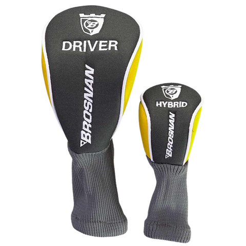 Two black, gray, and yellow Brosnan Little Mate S7 headcovers labeled DRIVER and HYBRID for kids’ clubs in the Brosnan Little Mate S7 Junior Golf Package Set | Yellow (Medium), with the brand name printed vertically on each.