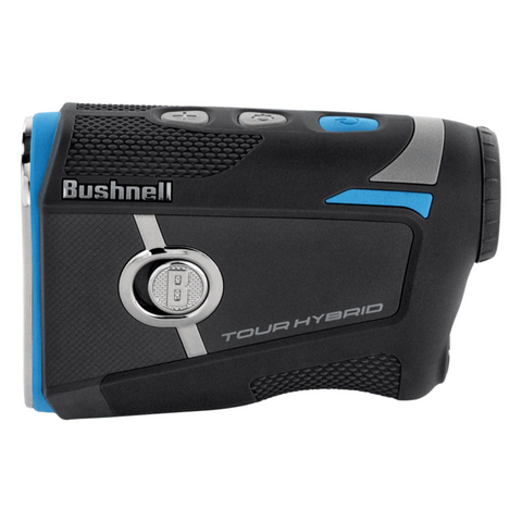 A black and blue Bushnell 2025 Tour Hybrid Rangefinder with textured grip, labeled buttons, and a right-side lens. The brand name and model are printed on the side of this advanced laser rangefinder and golf GPS device.