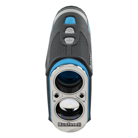Close-up front view of the Bushnell 2025 Tour Hybrid Rangefinder, with two lenses, a textured black and blue grip, and three top control buttons.