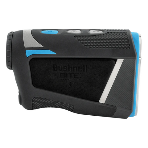 The Bushnell 2025 Tour Hybrid Rangefinder features a black and blue design, textured grip, and top buttons—perfect for accurate golf GPS measurements on the course.
