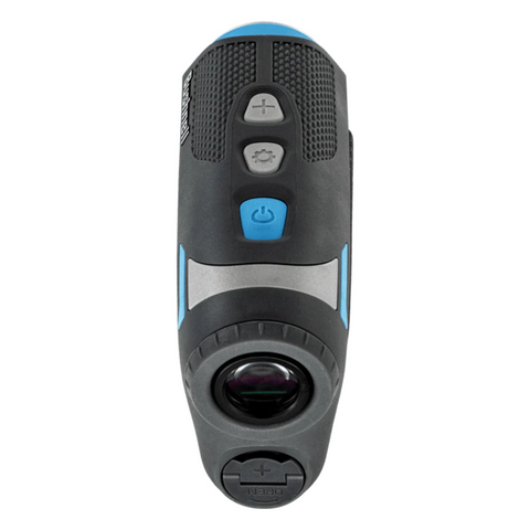 The Bushnell 2025 Tour Hybrid Rangefinder by Bushnell features a compact black and blue design with three gray buttons—plus, power, and settings—for easy navigation, inspired by golf GPS devices, and a lens at one end.