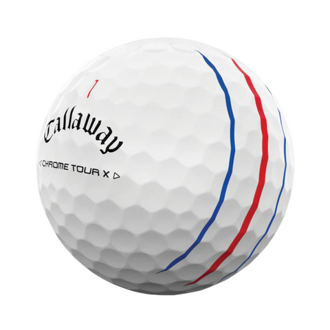 The Callaway 2024 Chrome Tour X Triple Track Golf Ball is white with black branding and three curved alignment lines—two red, one blue—on its dimpled surface, engineered for precise alignment and tour-level performance.