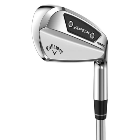 A close-up of the Callaway 2025 Apex Ai150 Mens Irons Set (4–PW) by golf360nz shows its sleek metallic finish and branding—perfect for golfers seeking forgiving mens irons.