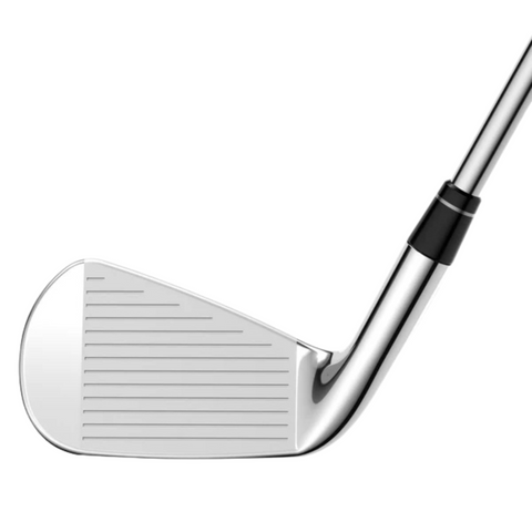 A close-up of the Callaway 2025 Apex Ai150 Mens Irons Set (4–PW) by golf360nz, showcasing its shiny metal head and precise grooves—an ideal upgrade to any mens irons collection.