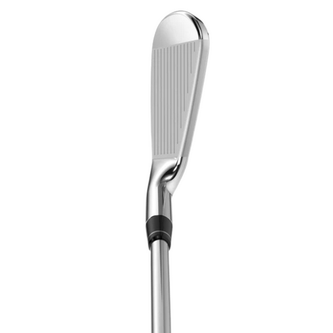 A close-up of the silver Callaway 2025 Apex Ai150 Mens Irons Set (4–PW) from golf360nz highlights its grooved clubface—one of the most forgiving irons in mens sets—against a plain white background.