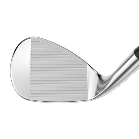 Close-up of the Callaway 2025 CB 12 Chrome Wedge face, showcasing its grooves on this forgiving cavity back wedge and part of the sleek shaft.