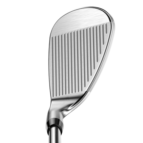 Close-up of the Callaway 2025 CB 12 Chrome Wedge by Callaway, highlighting detailed grooves and polished chrome finish on the clubface, with the wedge angled upward against a white background.