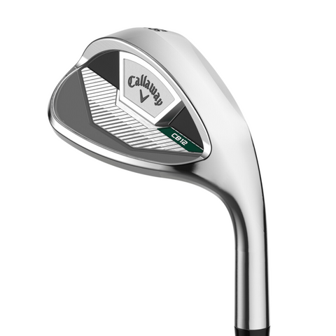 A close-up of the Callaway 2025 CB 12 Chrome Wedges highlights the silver and black cavity back head with Callaway branding and CB marking, featuring a modern, forgiving wedge design.