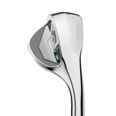 A close-up of the Callaway 2025 CB 12 Chrome Wedge showcases its textured grooves, branded Callaway logo, and model number 0312 on the sleek metallic club head—a forgiving cavity back wedge.