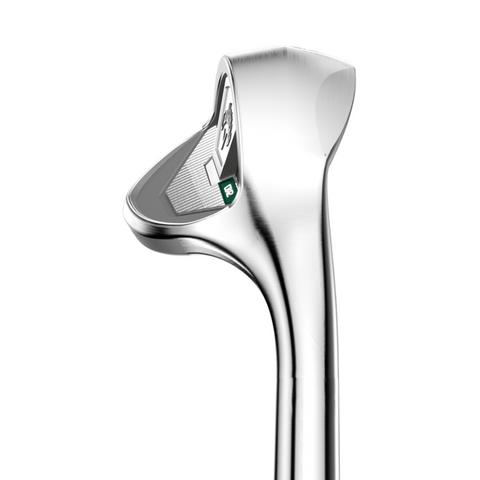 The Callaway 2025 CB 12 Chrome Wedge is displayed at an angle, showcasing its modern silver finish, reflective chrome, and detailed cavity back design against a white background.