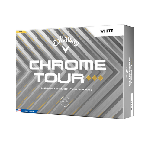 A box of Callaway 2025 Chrome Tour Triple Diamond Golf Balls in white, featuring a sleek gray and gold geometric design, delivers consistently outstanding tour-level performance and control.