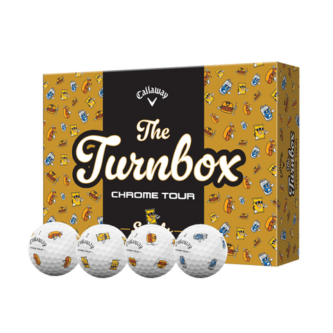A box of Callaway 2025 Chrome Tour Turnbox Golf Balls displays four premium balls in front. The bright yellow packaging features playful illustrations and bold black-and-white branding.