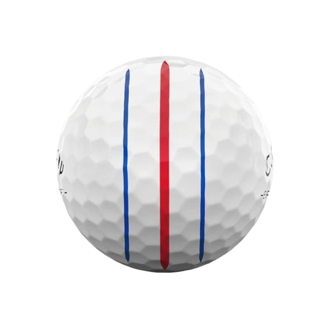The white Callaway 2025 ERC Soft Triple Track Golf Ball features a center red line with two blue lines for precise alignment, and its dimpled surface enhances performance on the green.