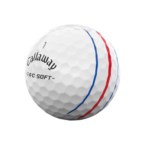 A white Callaway 2025 ERC Soft Triple Track Golf Ball featuring black Callaway branding, blue and red Triple Track alignment lines, and ERC SOFT printed around the ball.