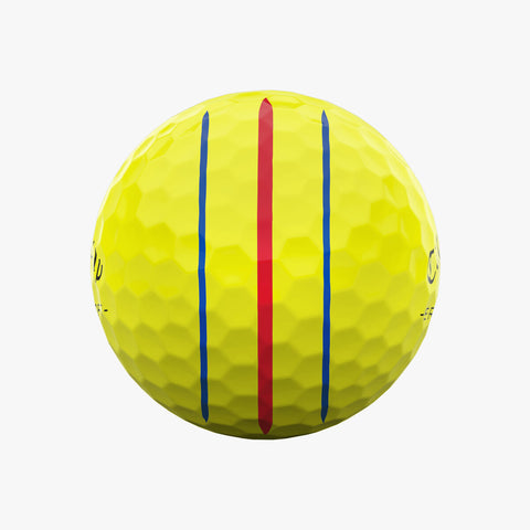 The Callaway 2025 ERC Soft Triple Track Golf Ball in yellow features bold red and blue alignment lines on its dimpled surface, displayed on a white background.