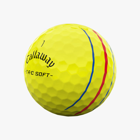 A Callaway 2025 ERC Soft Triple Track Golf Ball in yellow, featuring blue and red alignment lines and ERC Soft text, is shown on a white background.