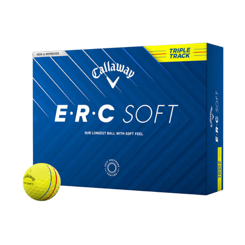 A box of Callaway 2025 ERC Soft Triple Track Golf Balls - Yellow, in blue packaging with yellow accents and Triple Track branding. A yellow golf ball with red and blue lines sits next to the box.