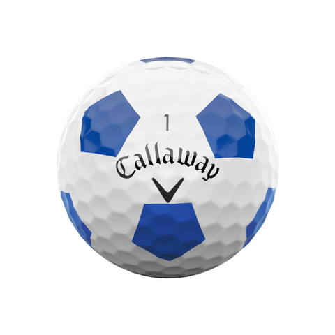 The Callaway 2025 ERC Soft Truvis Golf Ball is white with blue pentagonal and hexagonal patterns, features the Callaway logo and the number 1, and is known for its soft feel and long-distance performance.