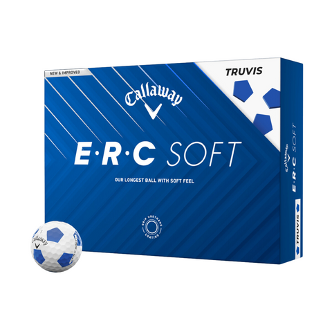 A blue and white box of Callaway 2025 ERC Soft Truvis Golf Balls displays bold text, geometric patterns, and a golf ball with blue hexagon designs. NEW & IMPROVED highlights this soft feel Callaway golf ball.