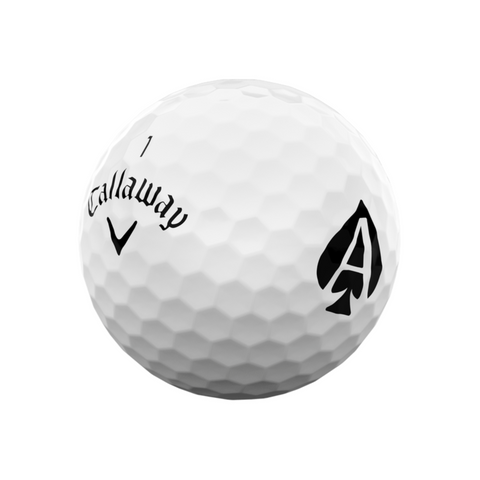 The Callaway 2025 Limited Edition Supersoft Aces Golf Ball features black branding with the Callaway logo and a stylized A, displayed on a white background—perfect for fans of soft feel golf balls.