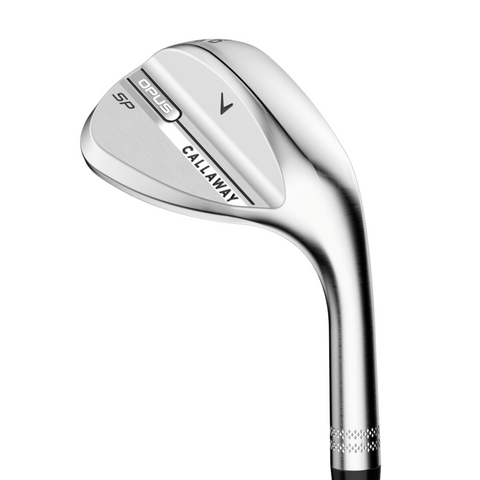 A close-up of the Callaway 2025 Opus SP Wedges | Chrome showcases precise milled grooves and “Opus” and “SP” engravings on its shiny silver club head, highlighting the premium quality associated with Callaway.