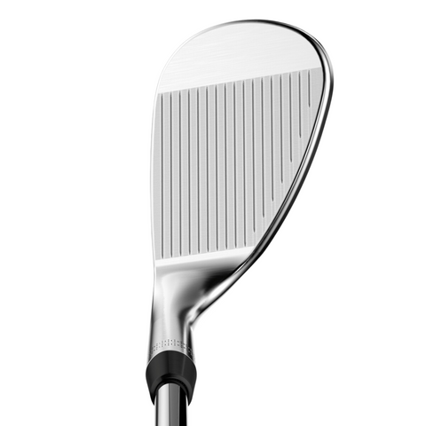 Close-up of a Callaway 2025 Opus SP Wedges | Chrome iron head, highlighting the precise milled grooves and polished chrome finish on the striking face, set against a white background.