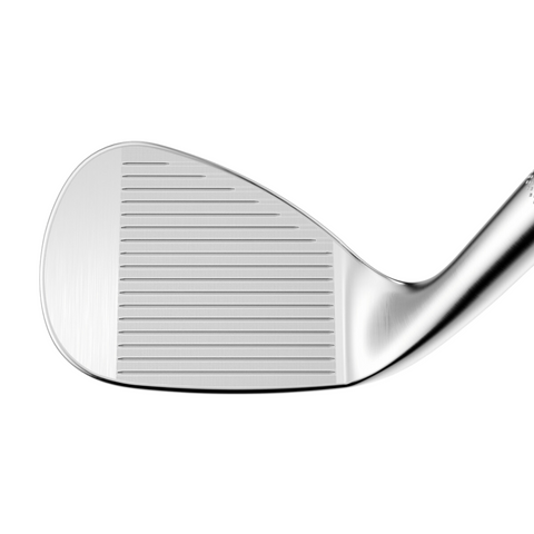 Close-up of the Callaway 2025 Opus SP Wedges in chrome, highlighting Callaway’s precision-milled grooves and reflective surface, isolated on a white background.
