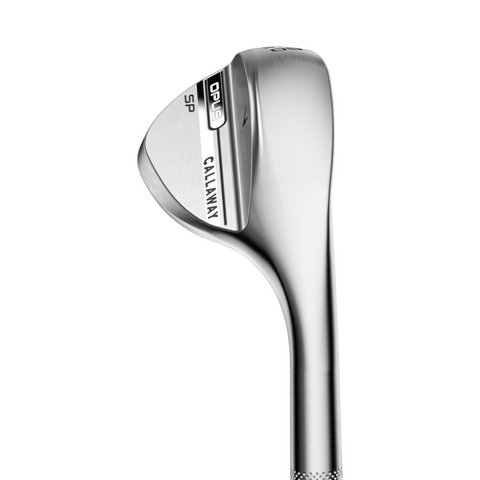 A close-up of a Callaway 2025 Opus SP Wedge | Chrome highlights its milled grooves, Callaway branding, and polished chrome finish against a white background.