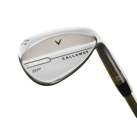 A close-up of the Callaway 2025 Opus SP Wedges | Chrome showcases the Callaway name, Opus branding, and detailed loft markings with precision milled grooves on the polished clubhead against a white background.