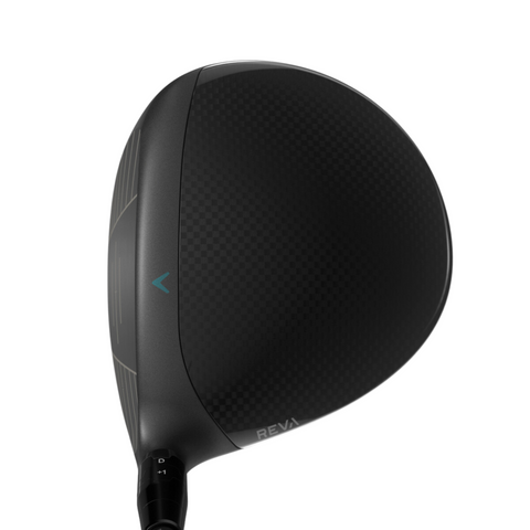 A close-up of a black Callaway 2025 REVA Rise Womens Driver head with textured finish, alignment markings, and REVA branding by the edge—an easy-launch driver designed for women golfers.