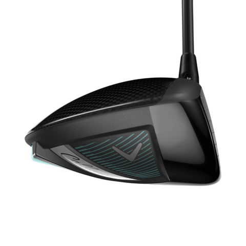 Close-up of the Callaway 2025 REVA Rise Womens Driver highlights its black textured head, teal-accented face, and stylized V logo. This easy launch driver is angled to showcase its side profile and bold face design.