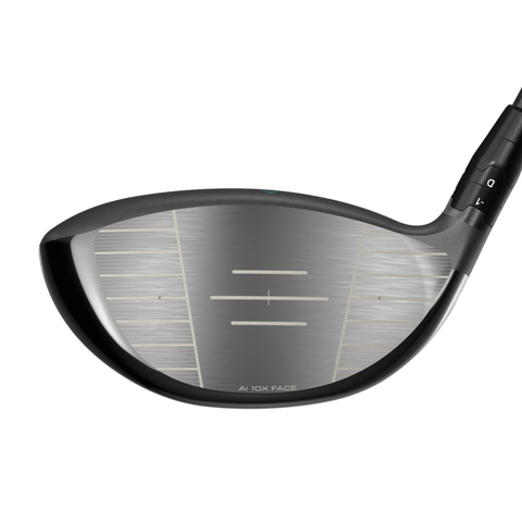 Close-up of the Callaway 2025 REVA Rise Womens Driver clubface, featuring horizontal grooves, alignment lines, and metallic finish with visible hosel—an ideal easy-launch driver for women golfers from Callaway.