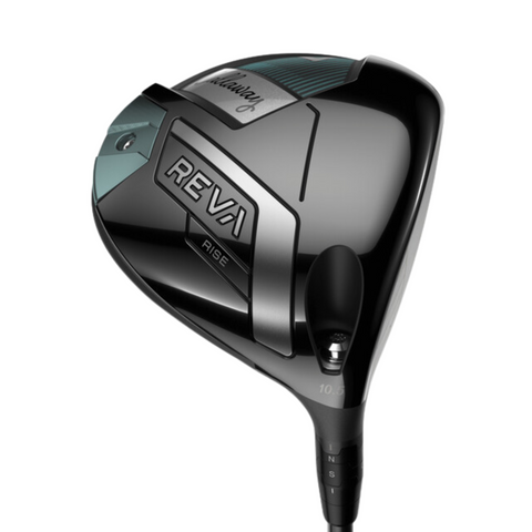 A close-up of the Callaway 2025 REVA Rise Womens Driver by Callaway, showcasing its sleek black and metallic clubhead with visible branding and loft adjustment details for an easy launch experience.