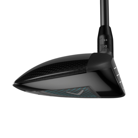 A close-up side view of the Callaway 2025 REVA Rise Womens Fairway Wood showcasing its sleek, aerodynamic black head, textured detailing, and adjustable hosel for easy distance enhancement.