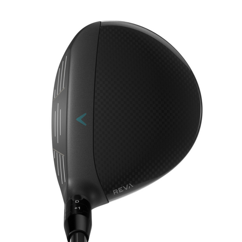 Top view of the Callaway 2025 REVA Rise Womens Fairway Wood, featuring a black carbon fiber pattern, white alignment markings, a turquoise logo, and REVA printed by the hosel for effortless distance.