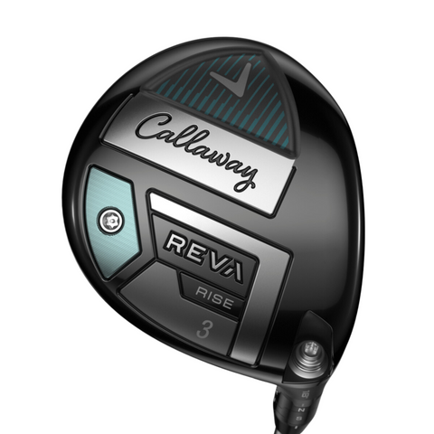 A close-up of the Callaway 2025 REVA Rise Womens Fairway Wood shows the number 3, silver, black, and teal accents, and Callaway branding—designed for effortless distance.