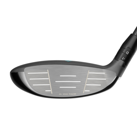 Close-up of the Callaway 2025 REVA Rise Womens Fairway Wood club head, featuring a metallic face with grooves, AI 10K FACE etched near the bottom, and a sleek black and silver finish for high launch and effortless distance.