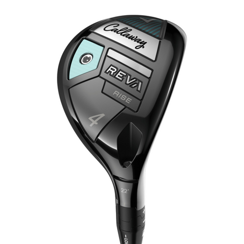 A close-up of the Callaway 2025 REVA Rise Womens Hybrid golf club showcases its glossy black head, teal and silver details, and a number 4 with 22° loft marking.