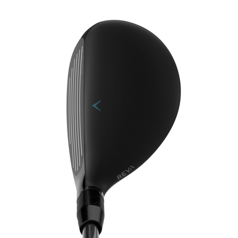 A close-up of the Callaway 2025 REVA Rise Womens Hybrid golf club head, featuring silver grooves and REVA branding, shown against a white background—a forgiving hybrid designed for women seeking top performance.