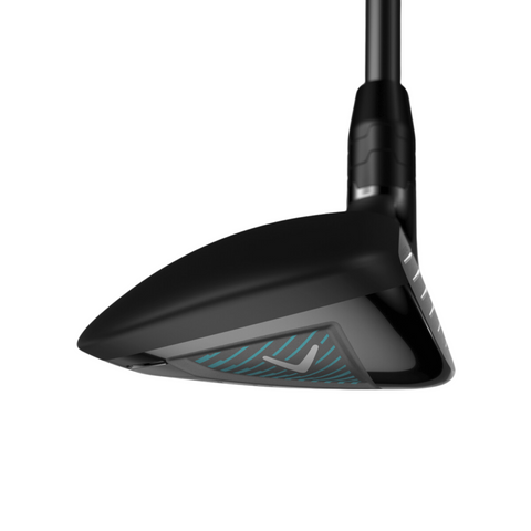 A close-up of the Callaway 2025 REVA Rise Womens Hybrid golf club head, featuring a textured face with blue accents and a black shaft, showcases this forgiving Callaway club against a white background.