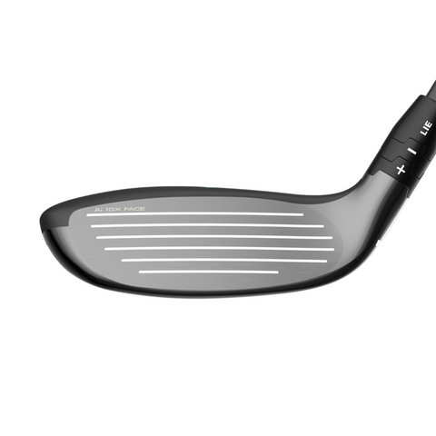 Close-up of the Callaway 2025 REVA Rise Womens Hybrid, showing its forgiving club head with horizontal grooves, adjustable hosel for loft and lie, and a sleek metallic finish for easy launch and control.