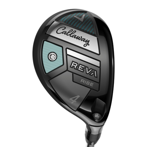 A close-up of the Callaway 2025 REVA Rise Womens Hybrid highlights its sleek black and silver design with teal accents and branding, showcasing a forgiving club engineered by Callaway for high-launch performance.