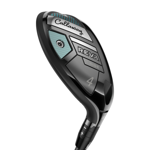 A close-up of the Callaway 2025 REVA Rise Womens Hybrid, showcasing its sleek black design, branded details, and adjustable features—a high-launch, forgiving hybrid golf club.