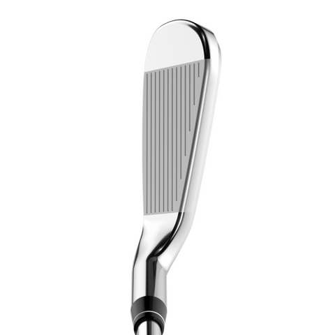 A close-up of the Callaway 2025 REVA Rise Womens Irons Set (6–PW+SW+AW) highlights its grooved face and shiny silver finish—ideal for golfers seeking forgiveness and easy launch, from trusted brand Callaway.